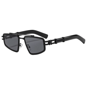Black square cutout metal sunglasses with steampunk double bridge and ribbed temples