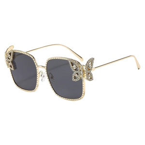 Luxury metal square frame sunglasses with crystal butterfly decor and dark gray lenses