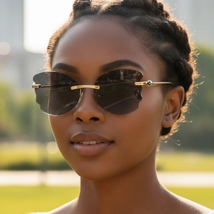 Fashionable rimless butterfly sunglasses with scalloped grey lenses and gold metal frames