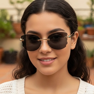 Frameless rimless sunglasses with wavy edge lenses and panther-themed golden metal temples