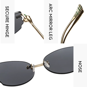 Detail view of gold metal hinges, curved temples and nose pads of rimless sunglasses