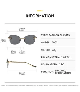 Detailed size chart of rimless sunglasses with metal frame and PC lens dimensions