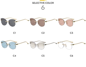 Detail of rimless butterfly sunglasses with cheetah metal hinge in 6 diverse colors