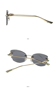 Detailed side and back views of rimless sunglasses with wave-cut lenses and gold temples