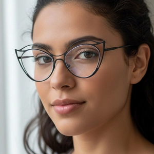 Modern black cat-eye glasses frame with stylish hollowed double-layer wire design