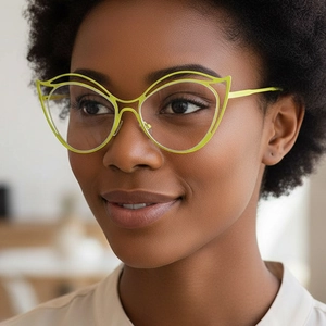 Fluorescent yellow cat-ear shaped glasses with avant-garde double-line hollow frame