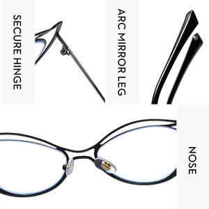 Detailed views of secure hinges, arc legs and nose pads on black cat-eye glasses frames