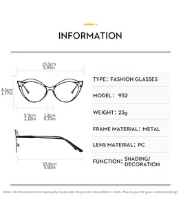Detailed technical diagram of cat-eye metal glasses showing precise frame dimensions