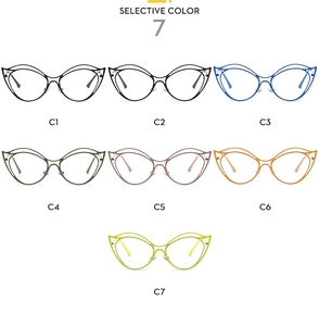 Flat lay of cat-eye blue light blocking glasses in seven vibrant metal frame colors