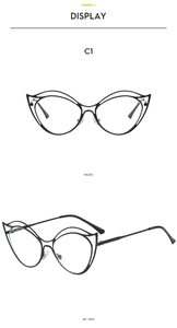 Front and side view of black hollow-out cat eye glasses frames with modern double-layer design