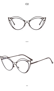 Detail view of cat-eye glasses frame C2 showing front and side hollowed curve design