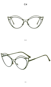 Front and side views of olive green cat-eye glasses with hollow metal frames