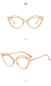 Detailed front and side view of orange cat-eye eyewear frames with hollow double-line temples