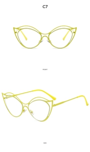 Detailed front and side view of yellow cat eye metal glasses frame with hollow line design