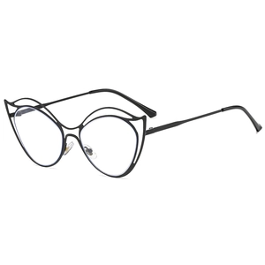 Chic black cat-eye metal glasses frame with hollow design and anti-blue light clear lenses