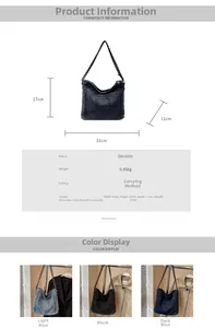Detailed dimensions of denim rivet handbag with blue and black color options