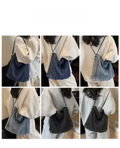 Detail showing vintage denim shoulder bags in multiple colors with metallic chain straps
