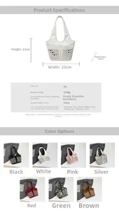 Size chart showing dimensions 23x22x14cm for the studded PU leather bucket tote bag