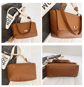 Detailed views of brown litchi pattern tote bag with silver lock and wide woven strap