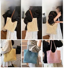 Detailed views of handmade crochet tote bags in four colors with leather shoulder straps