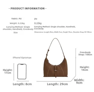 Size guide for PU leather crescent bag with dimensions and phone size comparison