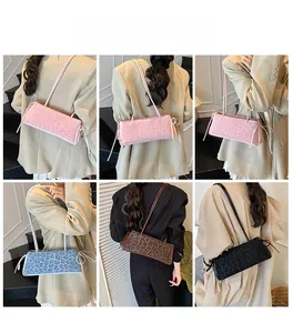 Detailed views of leopard print shoulder bag with bow ties in pink, blue, brown and black