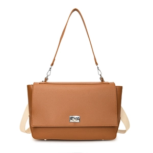 Brown litchi leather square crossbody bag with dual straps and silver hardware