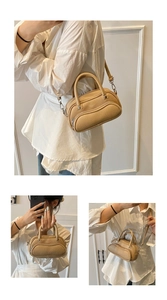 Three-way view of a lychee grain crossbody bag in camel leather with silver hardware