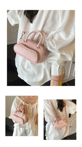 Three-way view of pink pebbled leather mini crossbody bag styled with white linen outfit