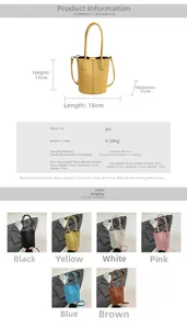 Detailed size guide and multiple color options for textured bucket bag with strap