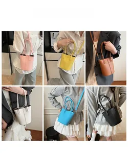 Litchi pattern bucket bag styled on model in six vibrant colors for summer daily use