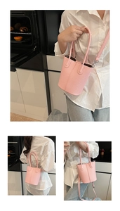 Detailed views of a pink litchi grain bucket bag showing handheld and shoulder styles