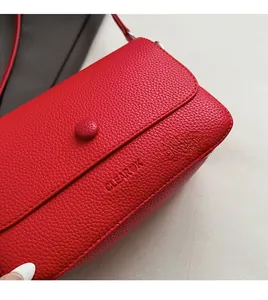 Detail of red pebbled leather shoulder bag featuring a button clasp and clear texture