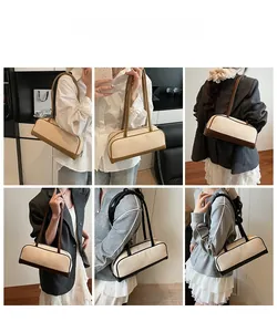 Detail view showing canvas and leather patchwork shoulder bag in brown and black options