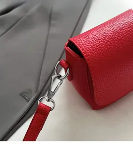 Detailed close-up of red lychee pattern leather texture and silver metal hardware hook