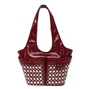 Deep burgundy patent leather handbag with silver stud rivets and dual front pockets