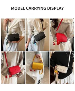 Vues multiples de sacs bandoulière en cuir à texture litchi en noir, rouge, jaune et blanc