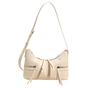Elegante borsa a tracolla a mezzaluna bianco crema con zip a frange e tracolla