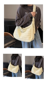 Detailed views of light yellow quilted tote bag with wave pattern and wide shoulder strap