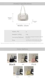 Detailed size chart for large PU leather handbag showing 33cm width and colors