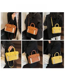 Litchi pattern leather and canvas patchwork mini kelly bag showing multiple carry ways