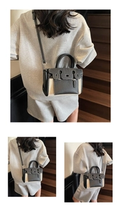 Three lifestyle views of a two-tone canvas and leather handbag on an indoor staircase