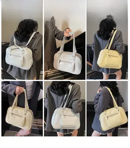 Multiple views of large capacity faux leather backpack in light grey and pale yellow