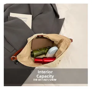 Top view of woven tote bag interior showing large capacity with personal care items