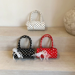 Polka Dot Barrel Crossbody Bag PU Leather Cylinder Handbag With Bow Artificial Pearl Charm Retro Sweet Style For Women