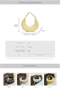 Detailed size specification chart and color options for the PU leather pleated hobo bag