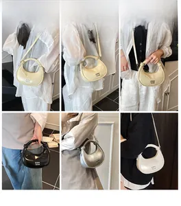 Collage of chic crescent leather bags showing handheld and crossbody wear styles