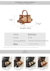 Guide détaillé des dimensions du sac en paille avec garniture en cuir et ours