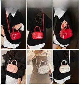 Detailed views of the bow-decorated Boston bag in red, pink, grey, and cream faux leather