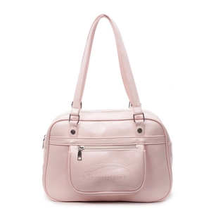 Pink faux leather commuter backpack with front zipper pocket and Noronoro embossed logo